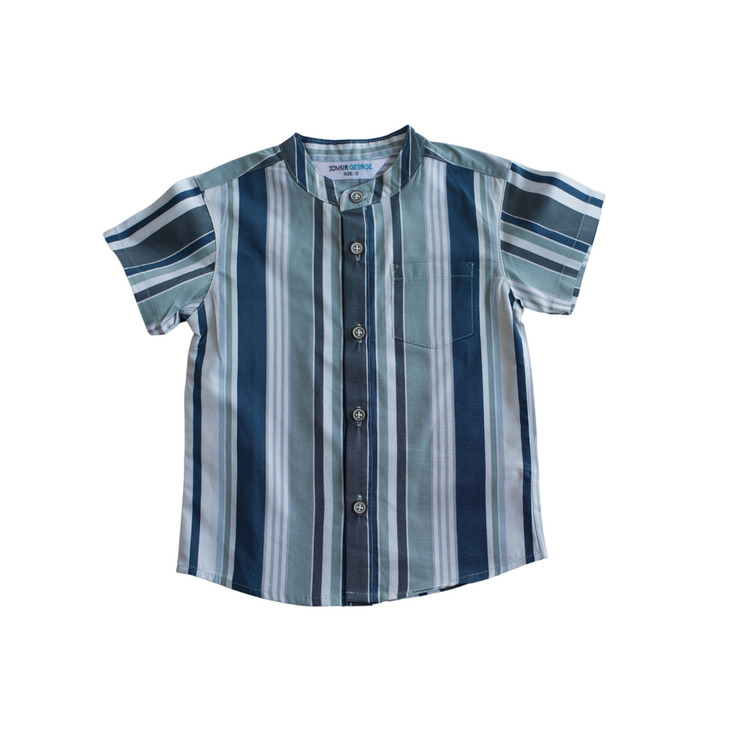 Shirt - Chinese Collar-Stripes (Grey/White/Blue)
